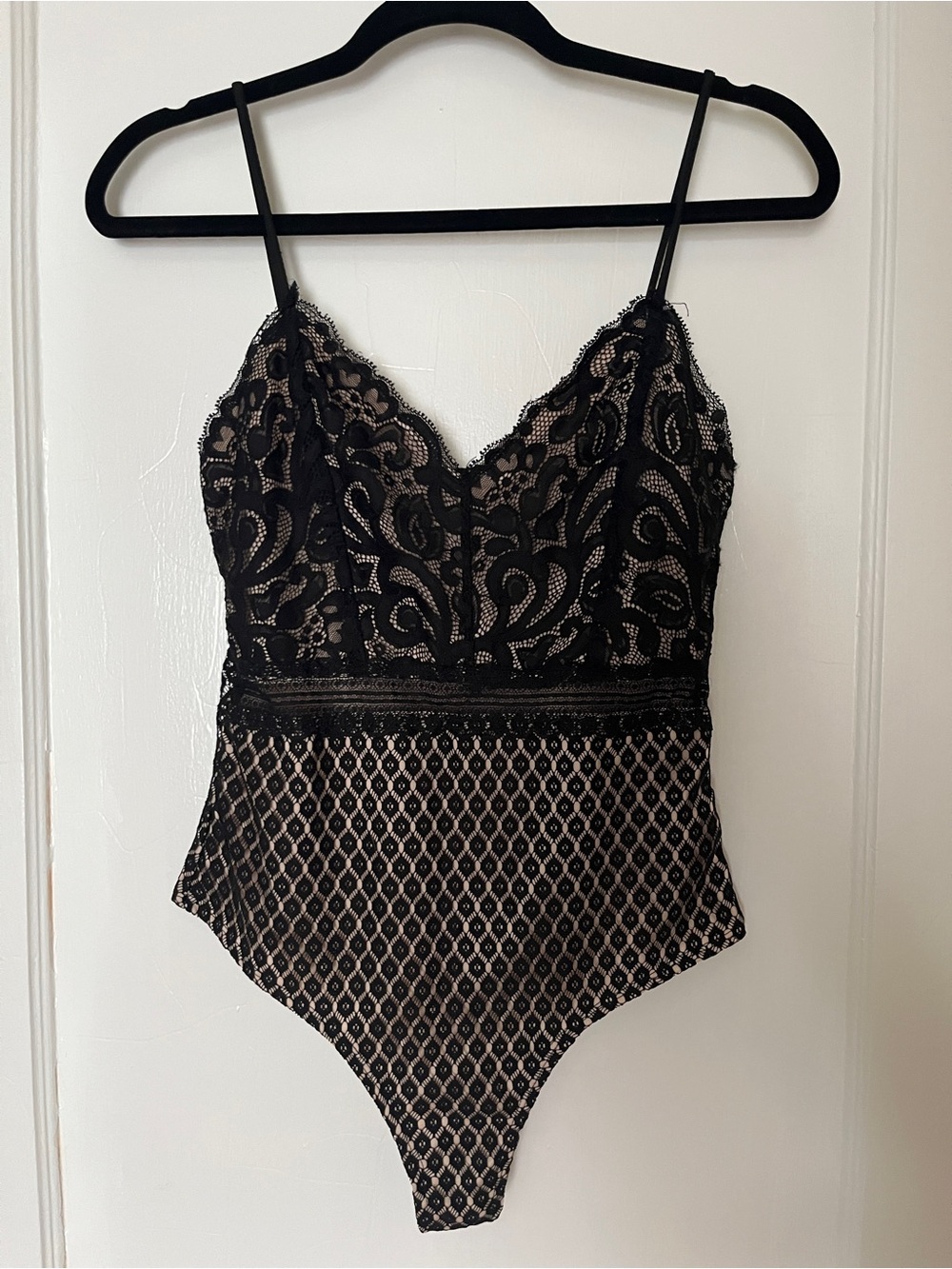 Black Lace Bodysuit with Nude Lining - Women's Lace Camisole Bodysuit